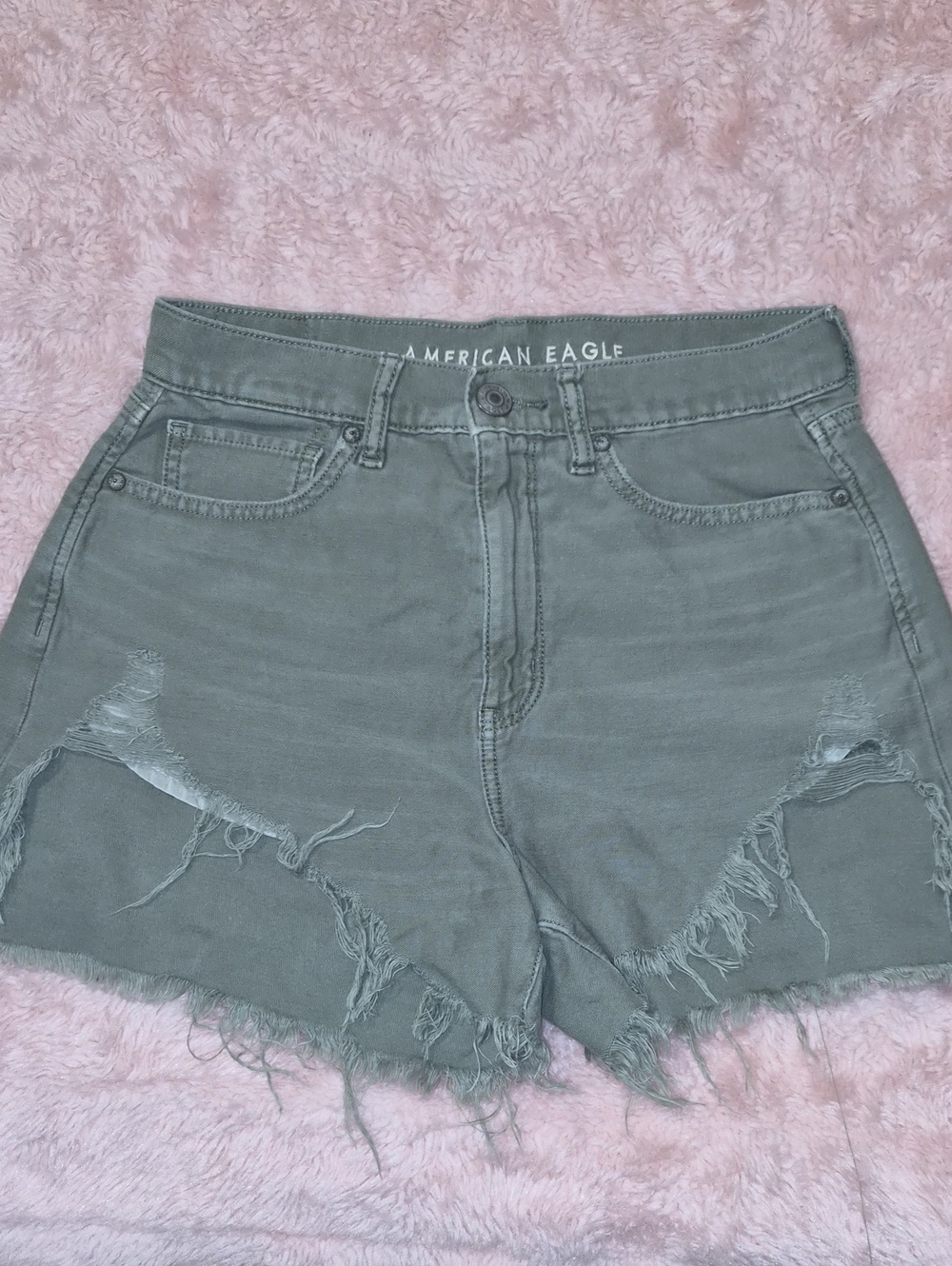 American Eagle Outfitters Olive Green Distressed Denim Shorts